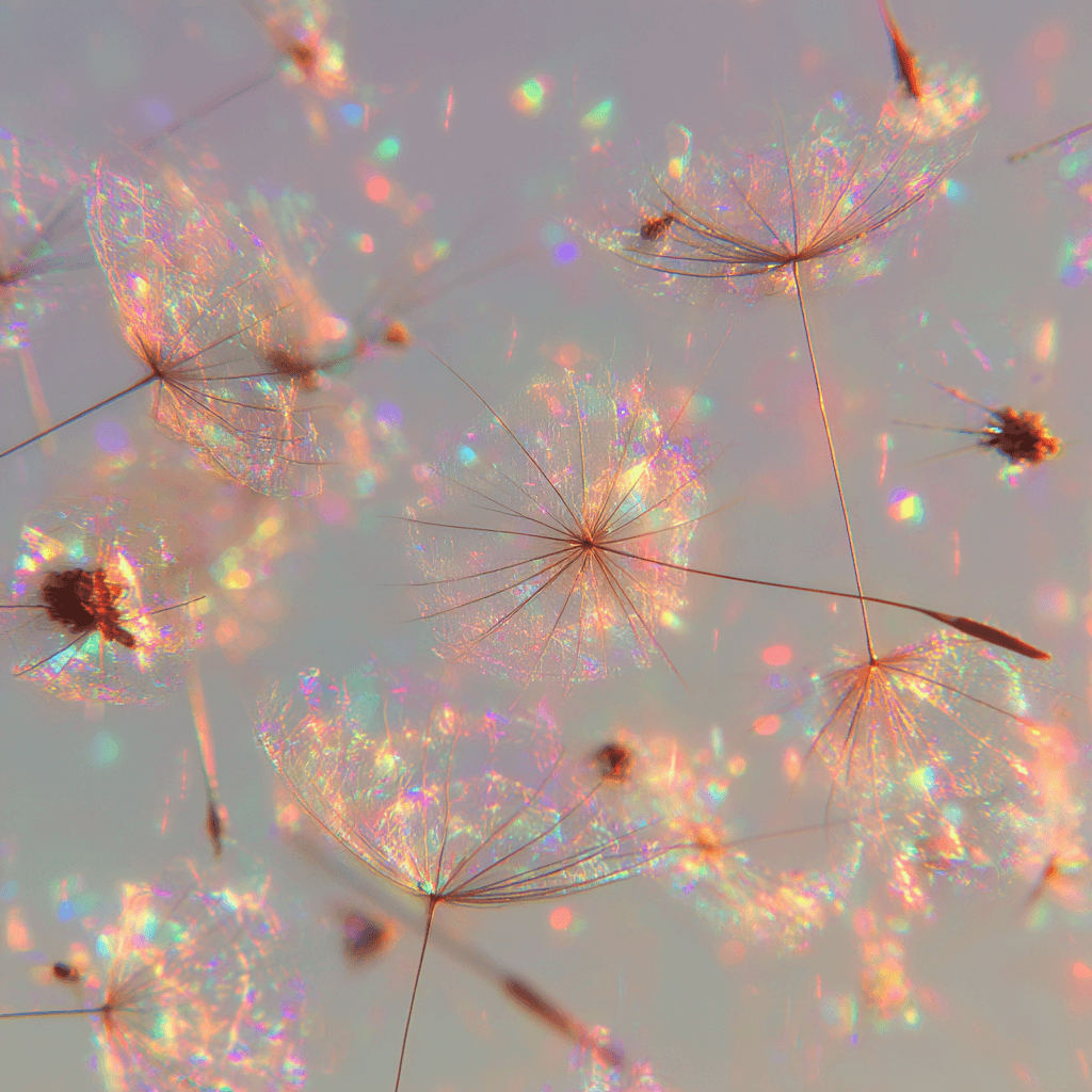Dandelion seeds floating like constellations